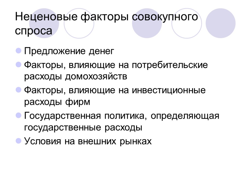 Неценовые факторы совокупного спроса Предложение денег Факторы, влияющие на потребительские расходы домохозяйств Факторы, влияющие